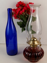 Hurricane Oil Lamp and Wine Bottles